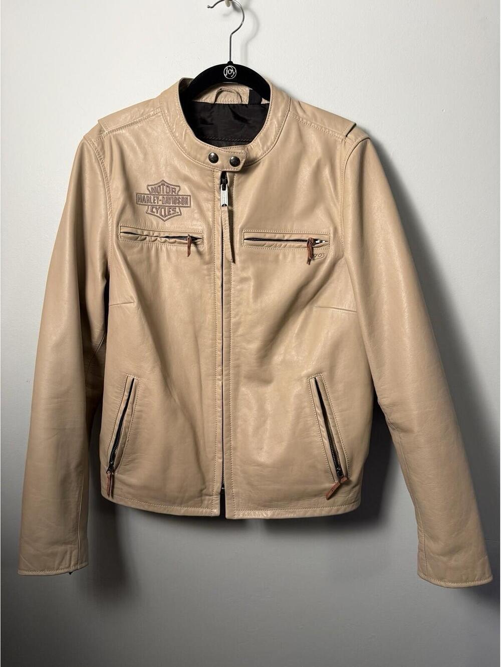 Harley Davidson Leather Jacket Embroidered Chain Stitch  Beige Riding Soft XL